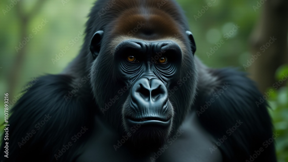 Fototapeta premium A close-up of a gorilla’s face, with piercing eyes and strong jawline. The muscular body fades into the background, highlighting its powerful presence and soulful expression.
