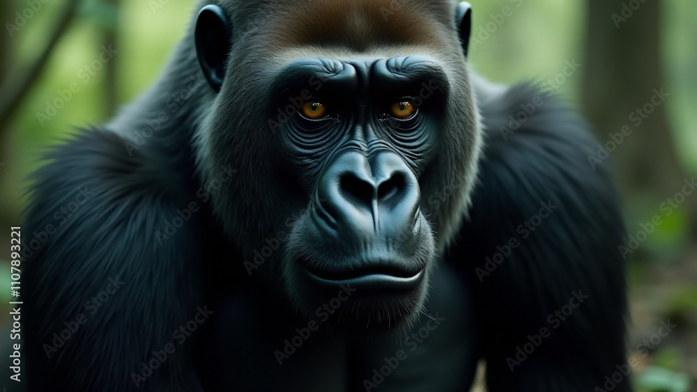 Obraz premium A close-up of a gorilla’s face, with piercing eyes and strong jawline. The muscular body fades into the background, highlighting its powerful presence and soulful expression.