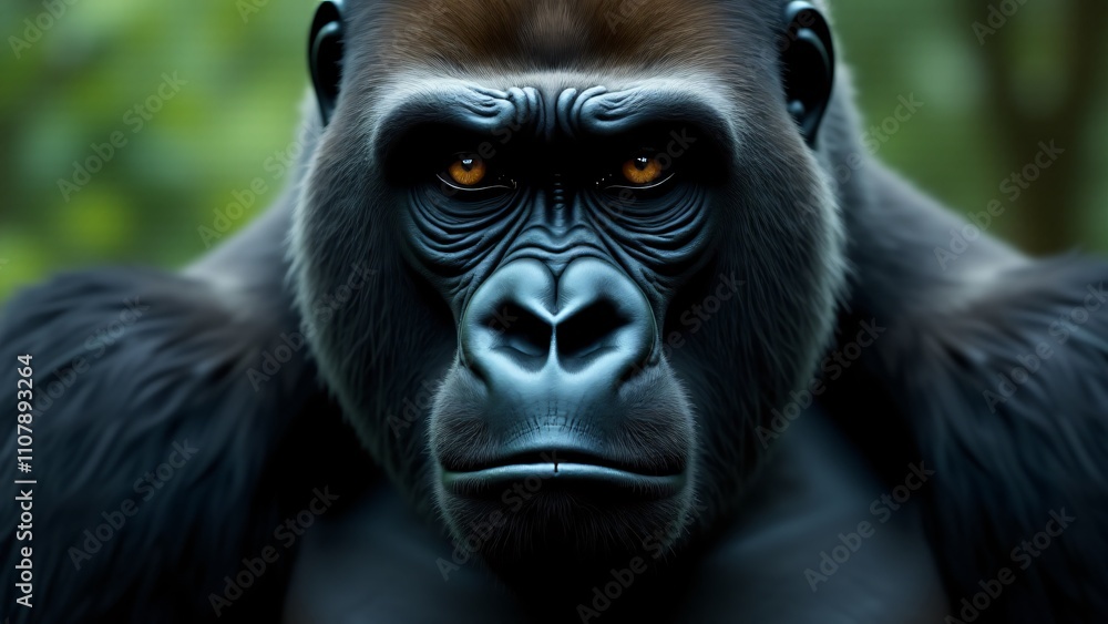 Obraz premium A close-up of a gorilla’s face, with piercing eyes and strong jawline. The muscular body fades into the background, highlighting its powerful presence and soulful expression.