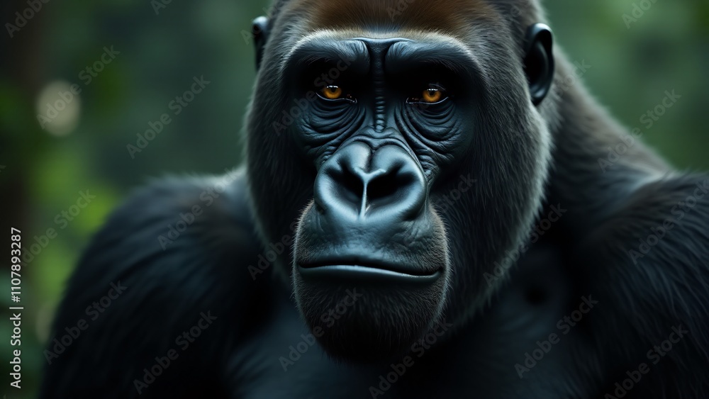 Obraz premium A close-up of a gorilla’s face, with piercing eyes and strong jawline. The muscular body fades into the background, highlighting its powerful presence and soulful expression.