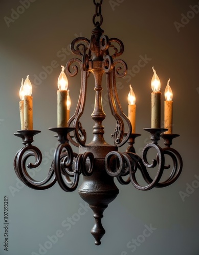 Ornate medieval chandelier with rustic candle-style lighting for vintage decor inspiration photo