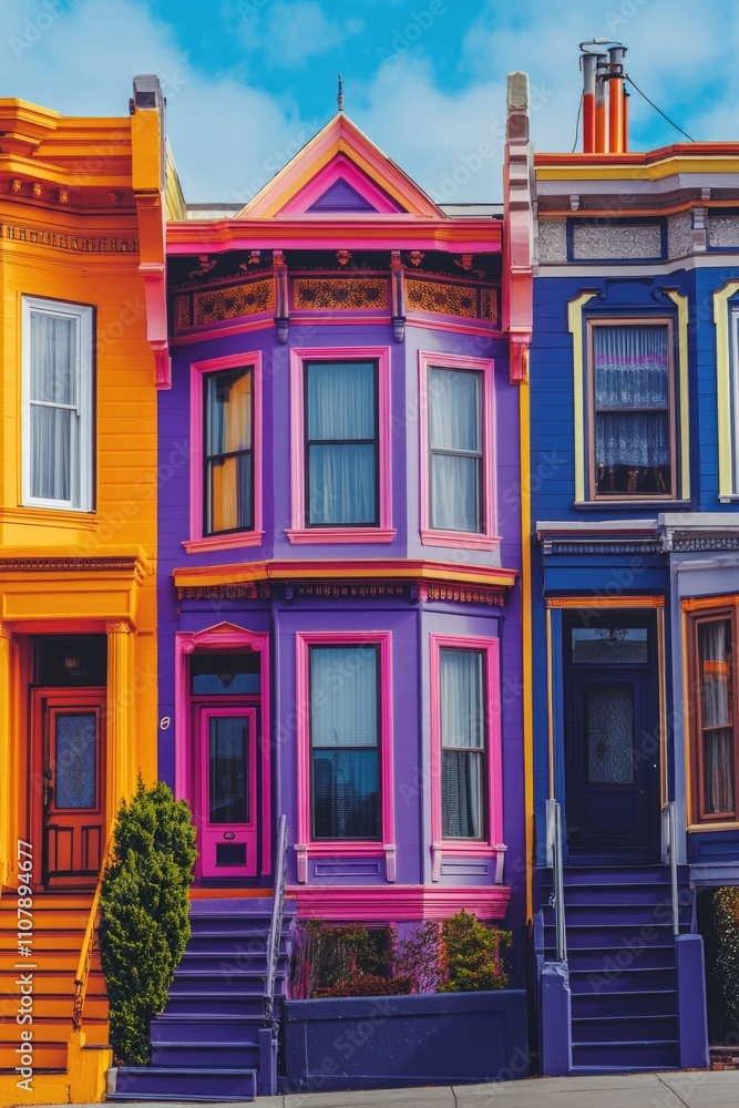 Fototapeta premium Colorful buildings lining the urban street, potential for use in cityscape or architecture themed projects