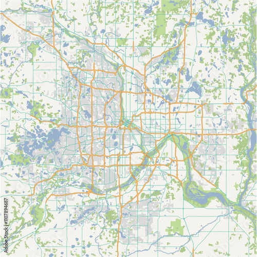 Map of Twin cities in Minnesota in a normal road map style. Contains layered vector with roads water, parks, etc.
