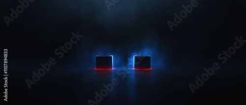 Two cylindrical objects, possibly speakers, placed on a dark surface. the objects are lit up with red and blue lights, creating a contrast between the two colors. photo