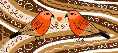 Romantic Birds with Abstract Swirling Patterns and Heart Symbol in Warm Tones. Artwork. Hand-drawn illustration for decoration