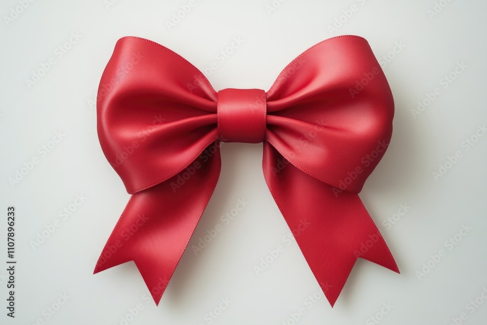 A single red bow tied on a plain white surface A single red bow tied on a plain white surface