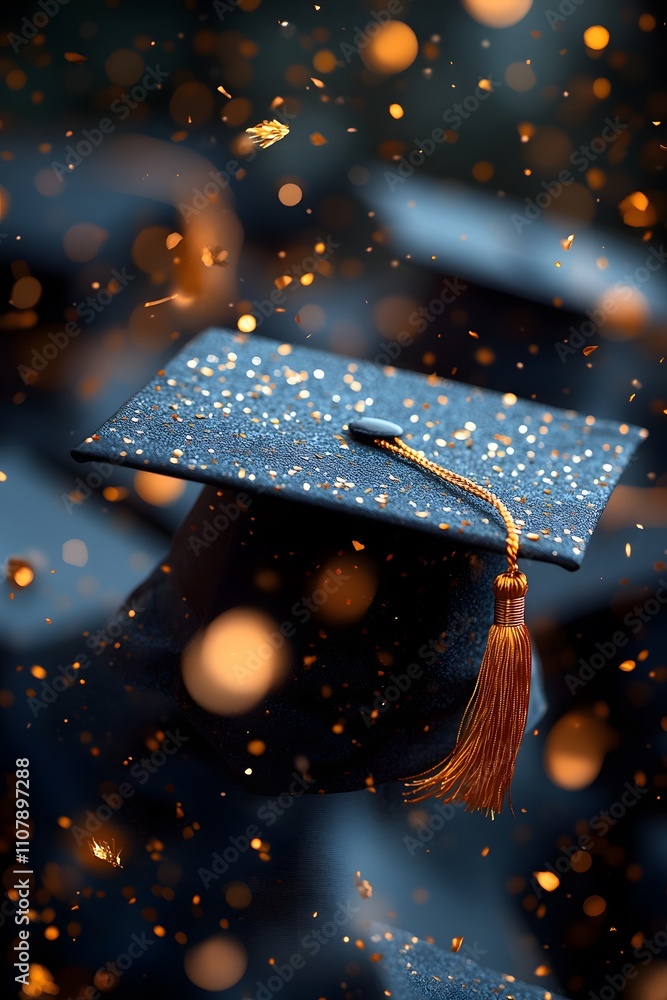 Naklejka premium Graduation caps are thrown into the air, surrounded by gold ribbons and confetti, perfect for celebrating academic achievements, creating a sense of joy and pride at this important moment in life.