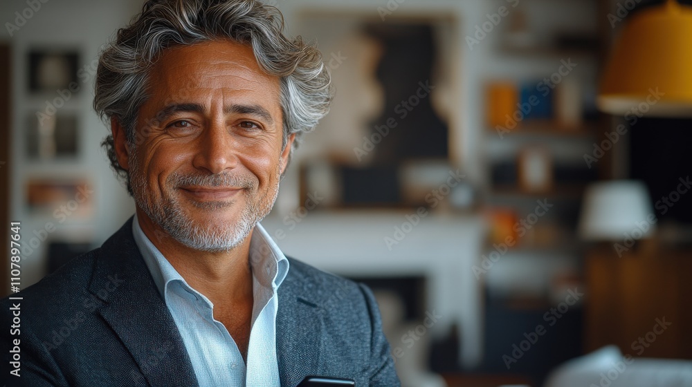 Fototapeta premium A smiling man in a smart outfit, holding a phone in a stylish, cozy interior.