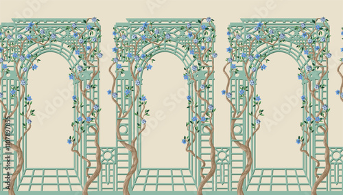 Alcove and trees with flowers in chinoiserie style. Vector.