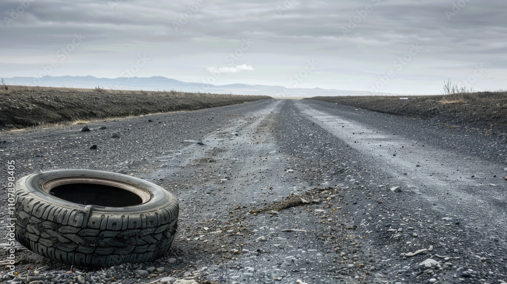 Naklejka premium Abandoned tire on a dirt road