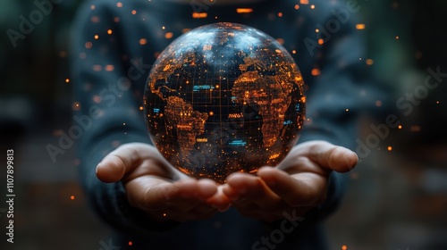 multilingual language translation technology concept a person holding holographic globe with speech bubbles and various languages represents global language translate and multilingual communicatio