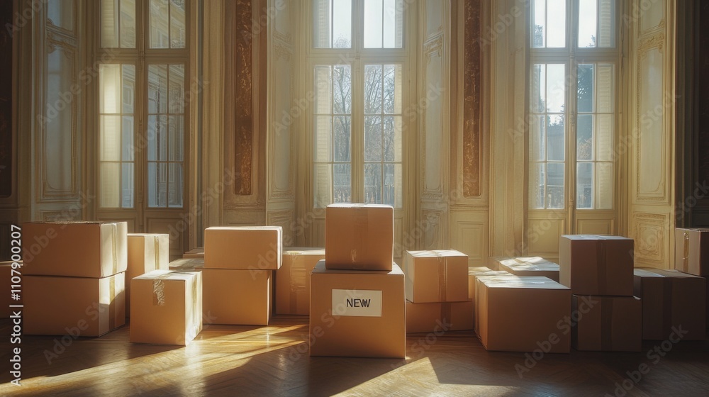 Fototapeta premium Sunlit Room with Cardboard Boxes