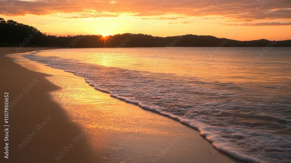 Fototapeta premium gentle ocean waves rolling onto a sandy beach at sunset