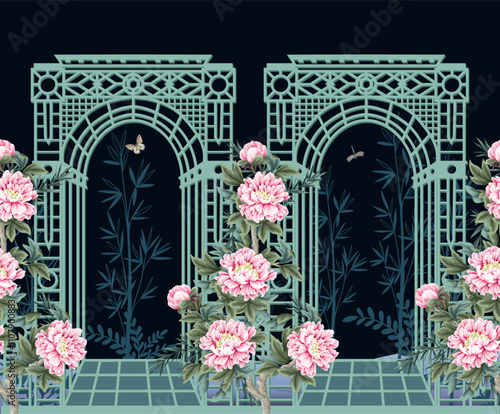 Seamless border with alcove and peonies in chinoiserie style. Vector.