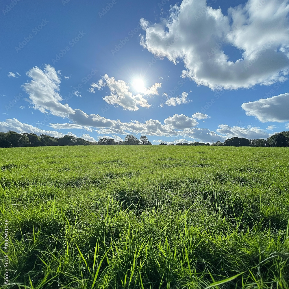 Obraz premium A peaceful meadow, bright green grass beneath a flawless sky with gentle clouds overhead, sun shining faintly 
