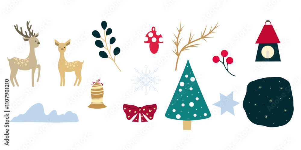 Fototapeta premium Christmas Clipart, Lantern, Berries, Deer, Christmas tree, Christmas Ball Toys, Snowflake, Christmas Snow Globe