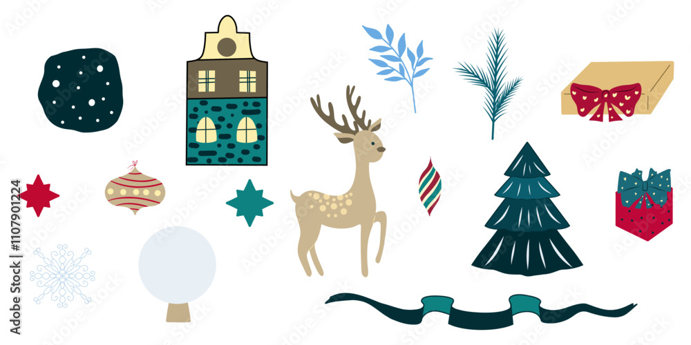 Fototapeta premium Christmas Clipart, House, Gift Box, Deer, Christmas tree, Christmas Ball Toys, Twigs, Christmas Snow Globe 