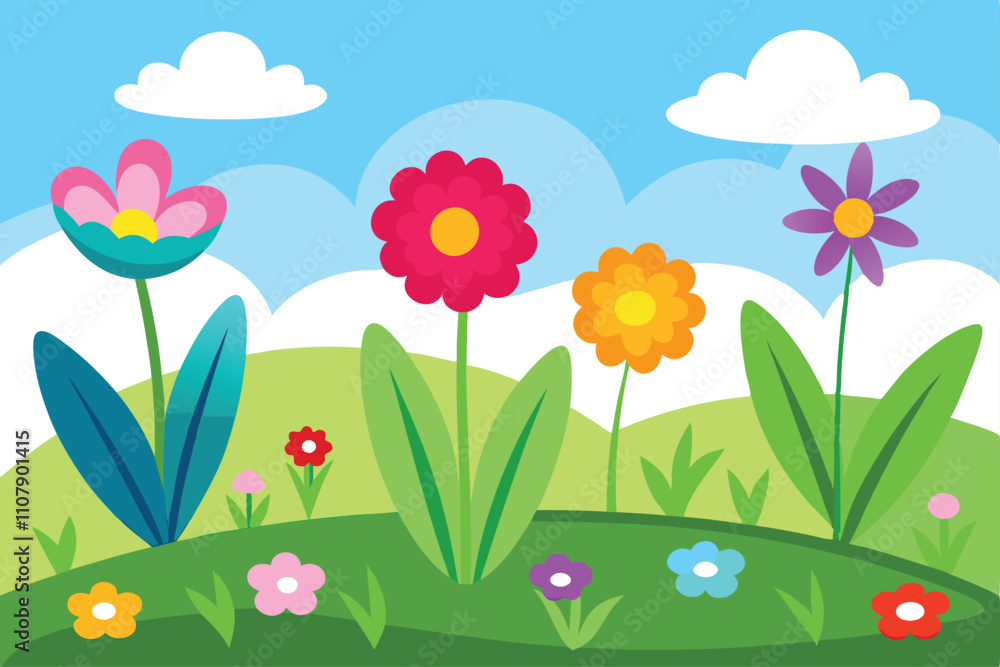 Fototapeta premium Spring Meadow Flowers Vector - Vibrant Floral Landscape Illustration