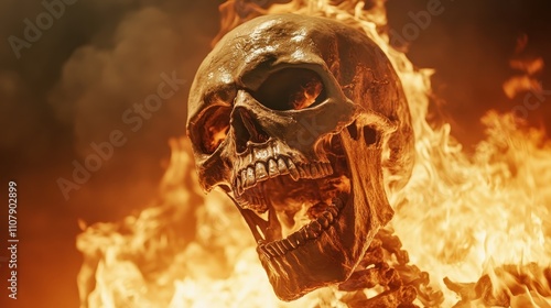 A blazing skull engulfed in fiery flames takes center stage, producing a vivid, menacing visualization, yet captivating with its detailed textures and dynamics. photo