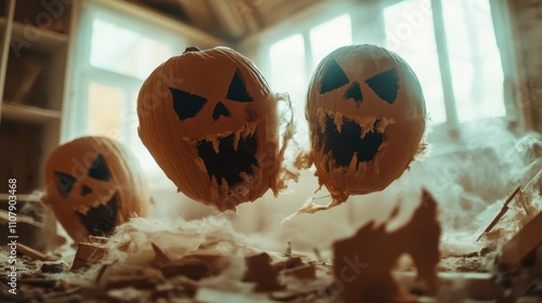 Three carved pumpkins with menacing expressions seem to float ominously in a dim room, creating an eerie and supernatural ambiance, perfect for Halloween themes. photo