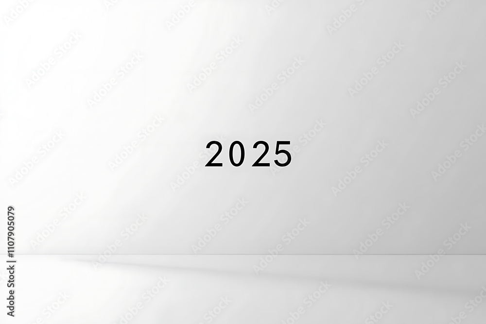 Fototapeta premium A pure minimalist design with a white background, soft gray shadows, and '2025' in thin black font. Perfect for professional and clean projects