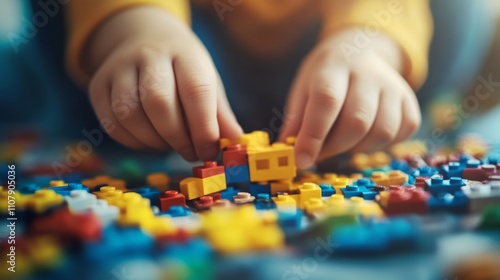 Child Playing with Colorful Building Blocks