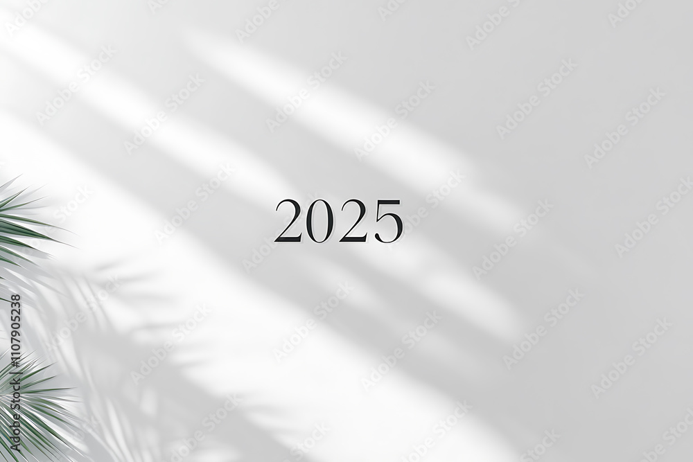 Fototapeta premium A pure minimalist design with a white background, soft gray shadows, and '2025' in thin black font. Perfect for professional and clean projects
