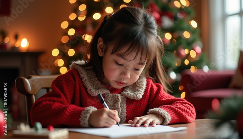 A lovely setting featuring a girl joyfully writing her letter to Santa, immersed in a rich holiday atmosphere with creative decorations. photo