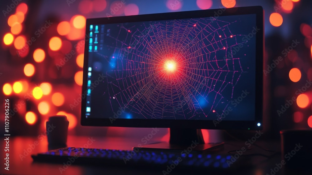 Fototapeta premium Computer with Digital Spider Web Display