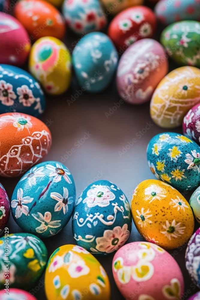 A close-up shot of a circle of intricately painted eggs, perfect for decorating or as a symbol A close-up shot of a circle of intricately painted eggs, perfect for decorating or as a symbol