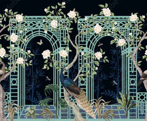Border with peacocks, peonies and alcove in chinoiserie style. Vector.