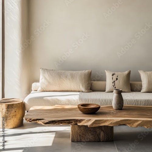 Minimalist interior design of modern living room with earthy tones, featuring a neutral sofa and a rustic wooden.