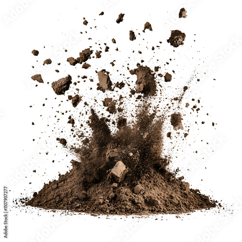 Real Explosive soil dirt eruption with debris flying isolated on white & transparent a background.