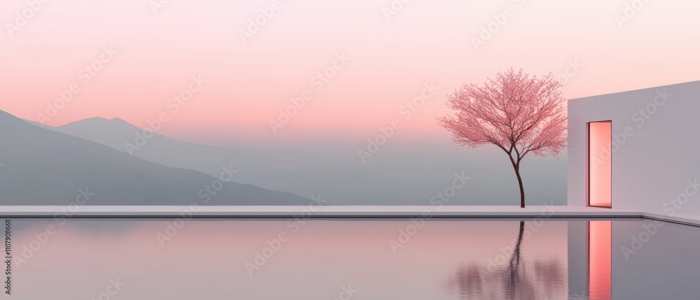 3d rendering of a modern landscape with a large body of water in the foreground. the water is calm and reflects the sky and mountains in the background. 3d rendering of a modern landscape with a large body of water in the foreground. the water is calm and reflects the sky and mountains in the background.