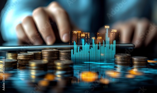 digital growth chart and money of a human hand