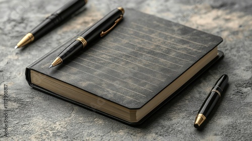 pen and black lined notebooks both closed and open isolated mockup against a concrete backdro photo