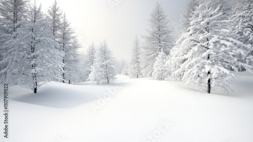 A pristine field of snow with trees heavy with snowfall creates a serene and enchanting winter wonderland, capturing the essence of peace and beauty in nature. photo