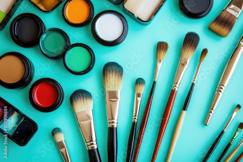 A collection of various makeup brushes on a blue surface, great for beauty and cosmetics related designs photo