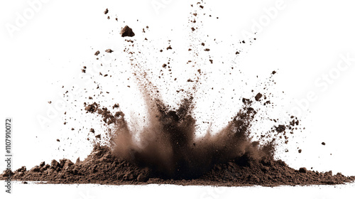 Real Explosive soil dirt eruption with debris flying isolated on white & transparent a background.