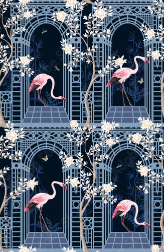 Seamless pattern with flamingos, peonies and alcove in chinoiserie style. Vector.