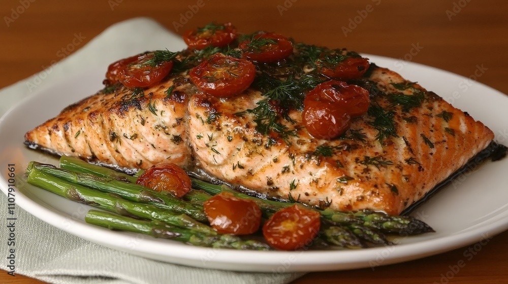 A delicious plate of salmon with roasted tomatoes and asparagus, showcasing a healthy meal. A delicious plate of salmon with roasted tomatoes and asparagus, showcasing a healthy meal.