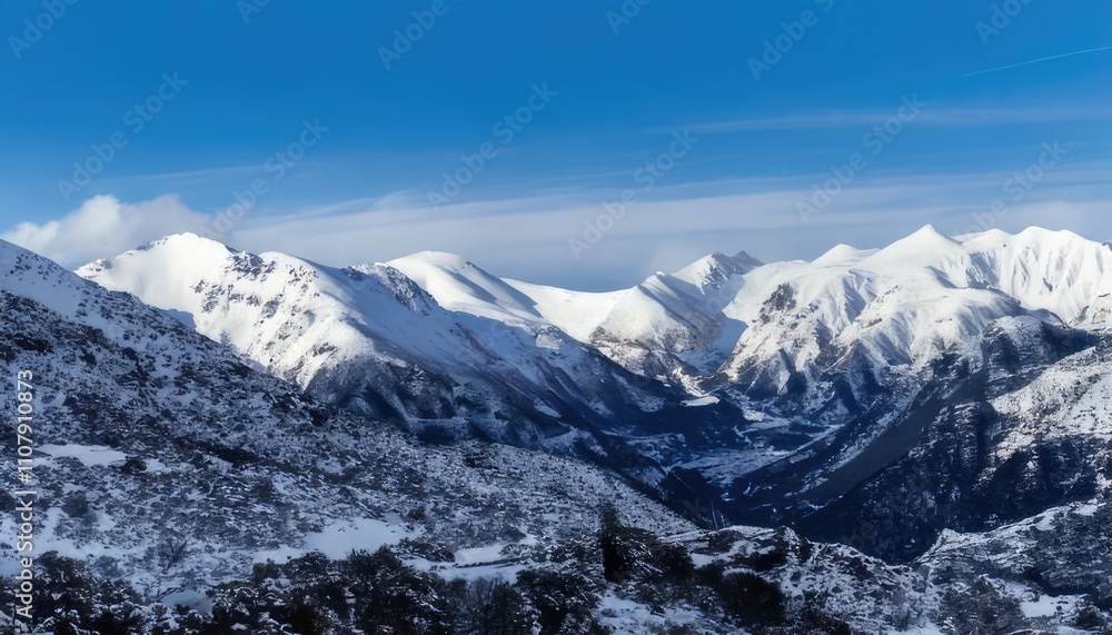 Fototapeta premium Beautiful picturesque landscape of snow-covered mountain hills and pine forests. Generated with AI