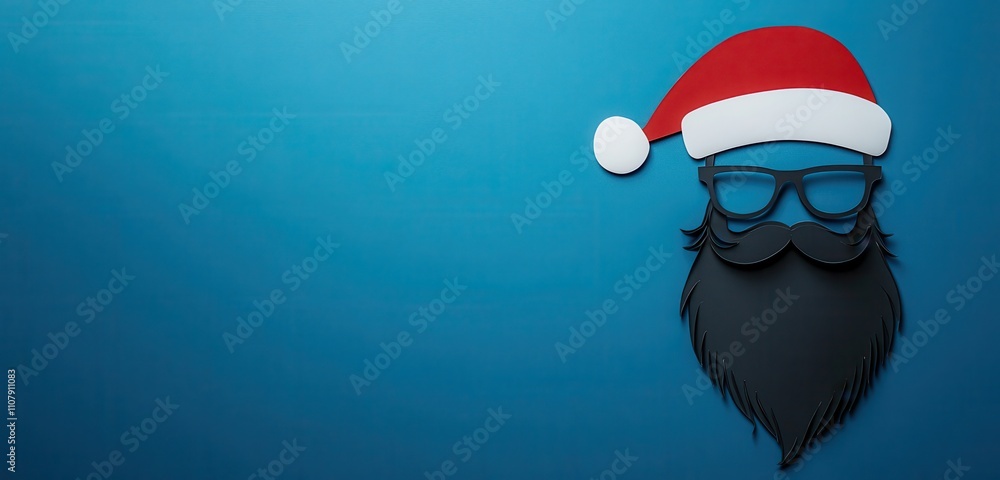 A flat lay composition featuring a black paper cutout of a beard and glasses, accented with a Santa hat, all against a vibrant dark blue background. A flat lay composition featuring a black paper cutout of a beard and glasses, accented with a Santa hat, all against a vibrant dark blue background.