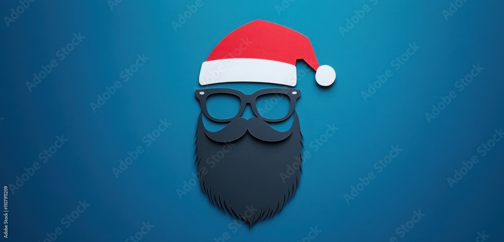 A flat lay composition featuring a black paper cutout of a beard and glasses, accented with a Santa hat, all against a vibrant dark blue background. A flat lay composition featuring a black paper cutout of a beard and glasses, accented with a Santa hat, all against a vibrant dark blue background.