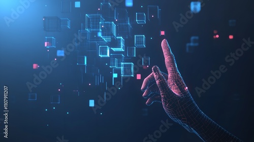 Abstract Hand Touching on Blockchain Digital Icon: A Futuristic Concept photo