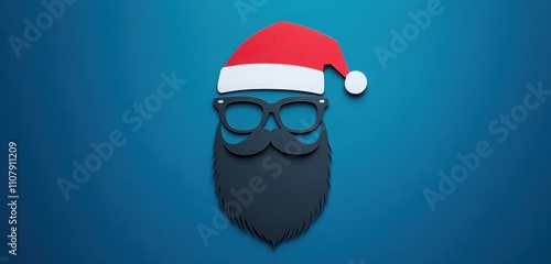 A flat lay composition featuring a black paper cutout of a beard and glasses, accented with a Santa hat, all against a vibrant dark blue background. 