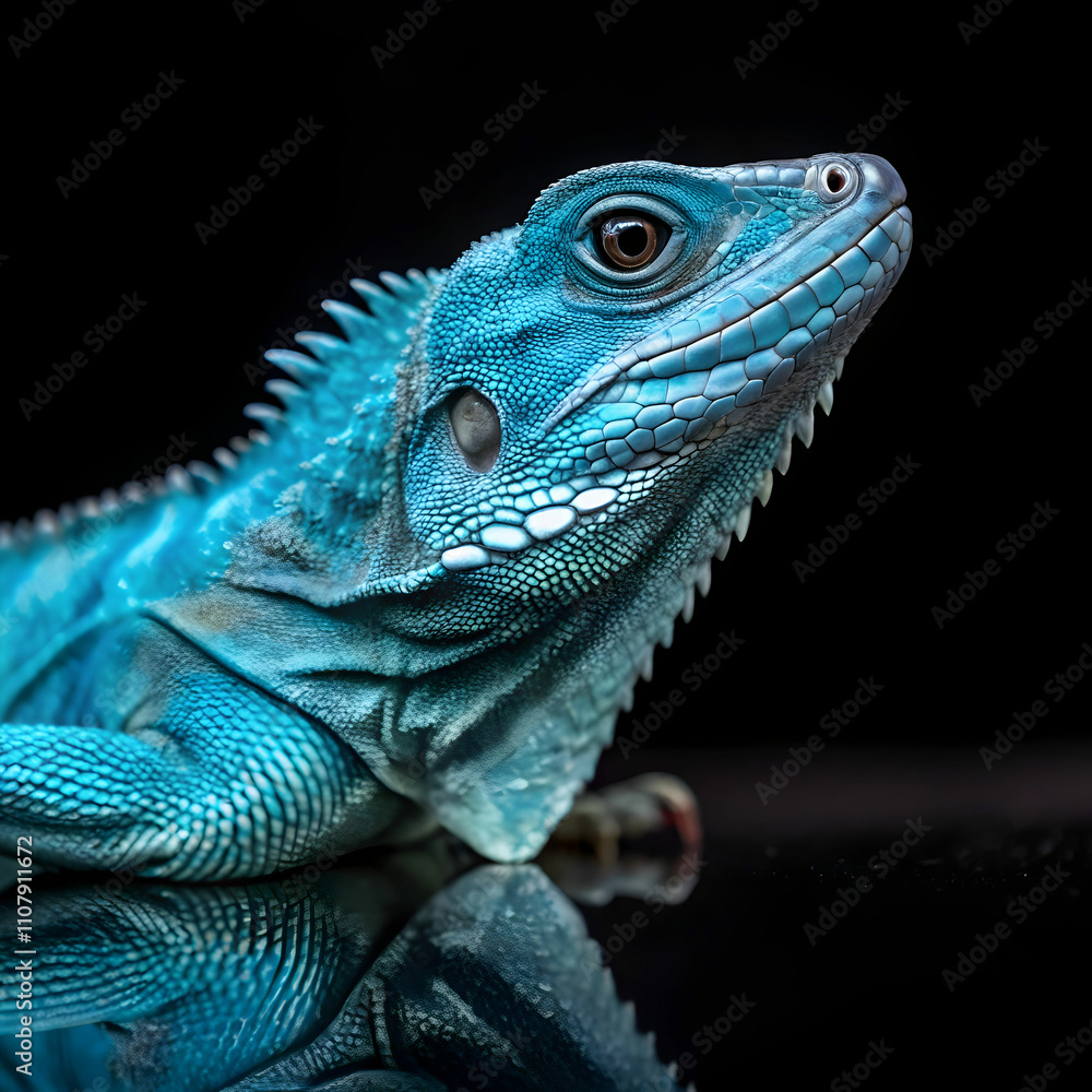 Fototapeta premium blue iguana closeup on reflection with black back
