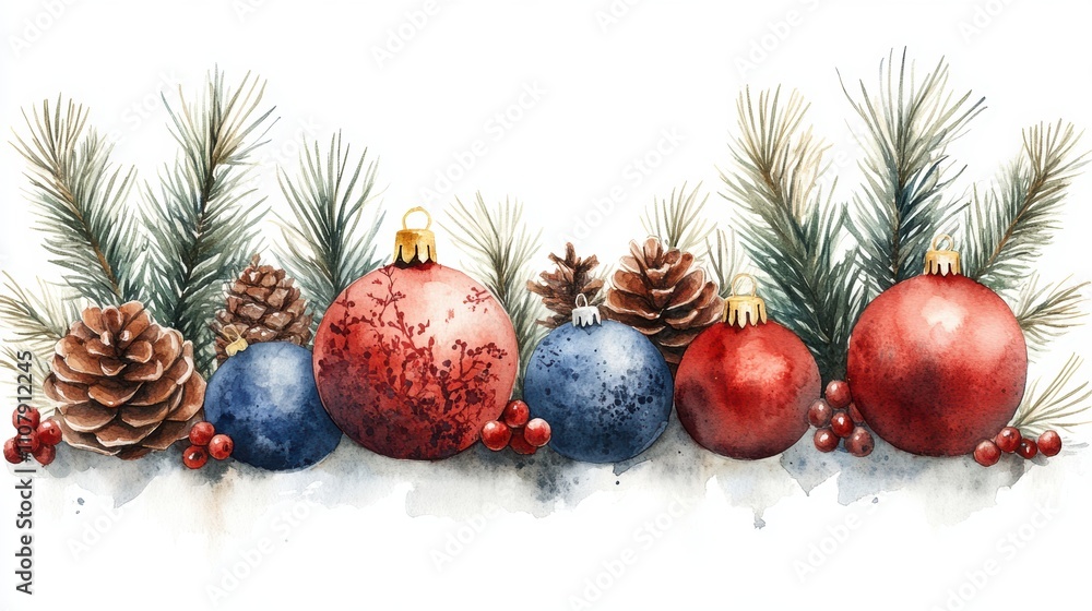 Round Christmas Decorations in Red, Blue, and Green with Pine