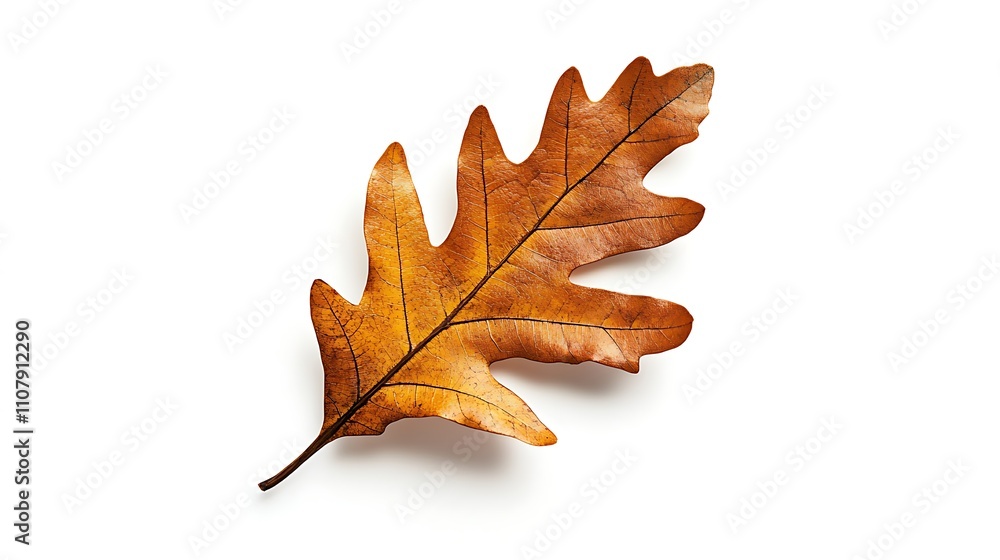 Fototapeta premium Single autumn oak leaf lies on a white background.