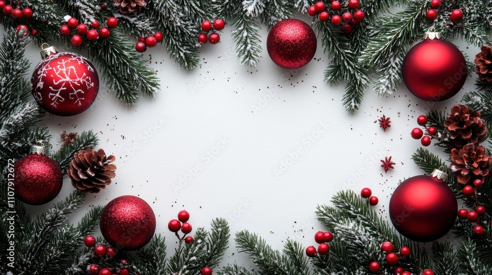 Round Christmas Decoration with Red Ornaments and Evergreen Foliage Round Christmas Decoration with Red Ornaments and Evergreen Foliage